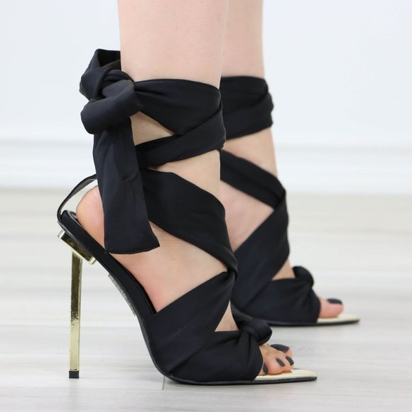 Black Open pointed Toe High Heel Ankle Strap Fabric Gold Needle Heel - Picture 5 of 12